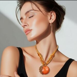 Boho Stunning Orange Necklace with Gold Accents Beading Rhinestones